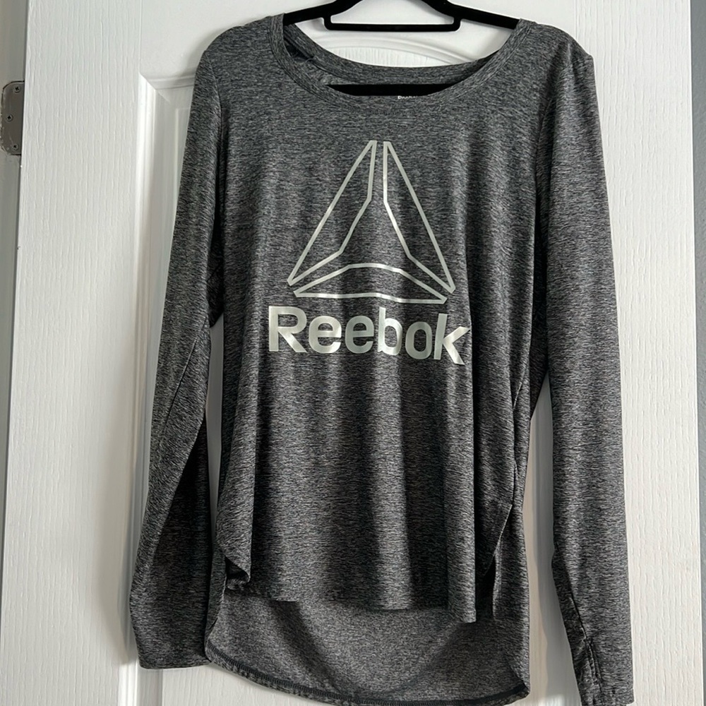 Black & grey marl long sleeved dryfit workout top Reebok large thumbholes - Picture 11 of 12